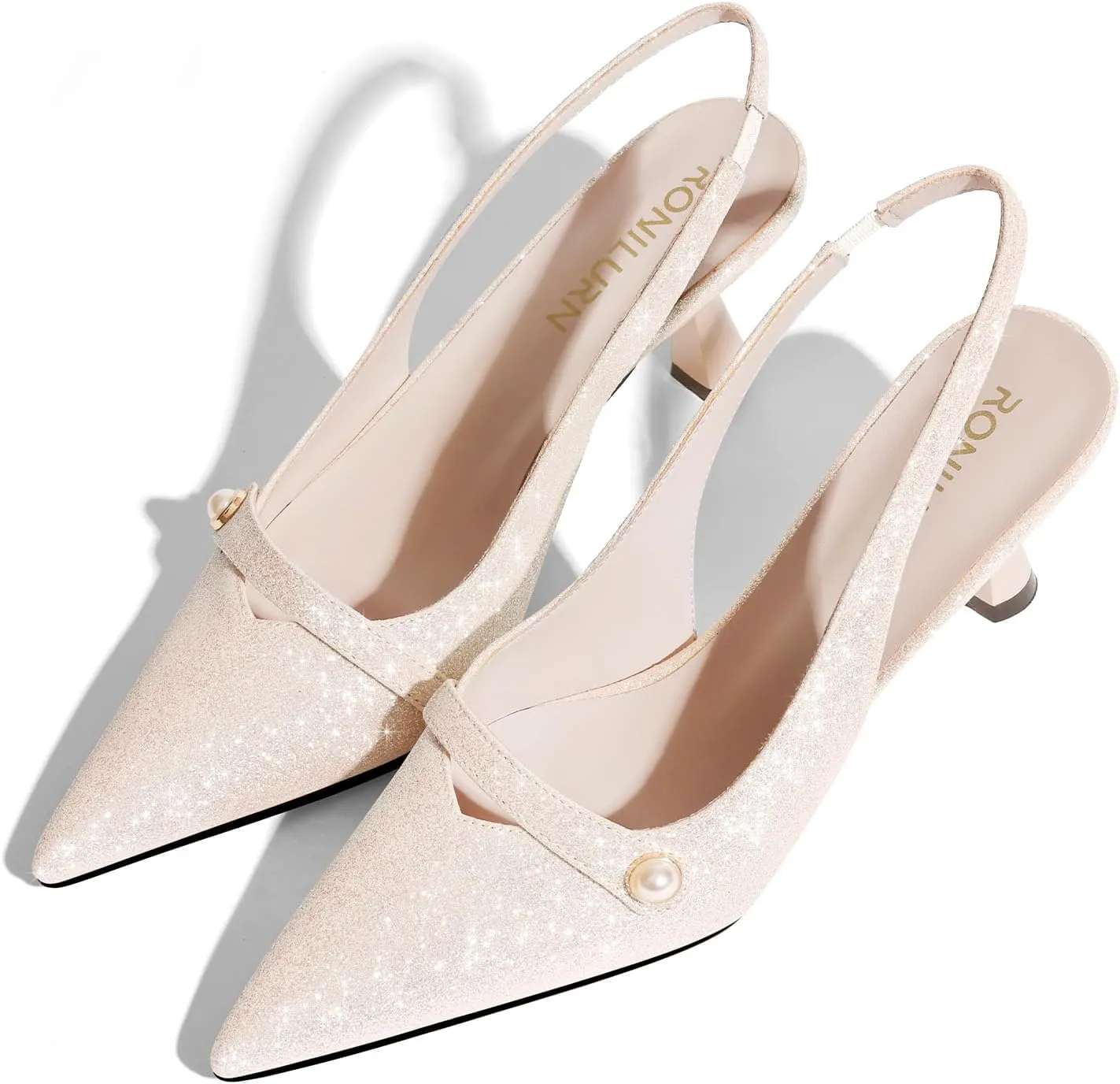 Women Kitten Heels Slingback Low Heel Pumps Dress Shoes for Women Closed Pointed Toe Pearl Heels for Work Wedding Bridal