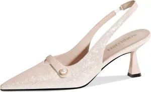 Women Kitten Heels Slingback Low Heel Pumps Dress Shoes for Women Closed Pointed Toe Pearl Heels for Work Wedding Bridal