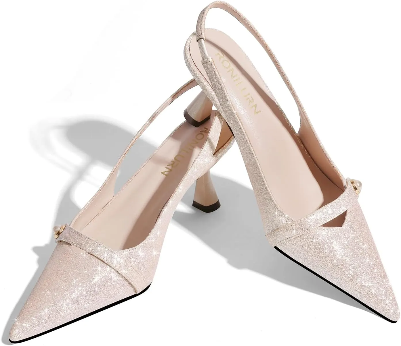 Women Kitten Heels Slingback Low Heel Pumps Dress Shoes for Women Closed Pointed Toe Pearl Heels for Work Wedding Bridal