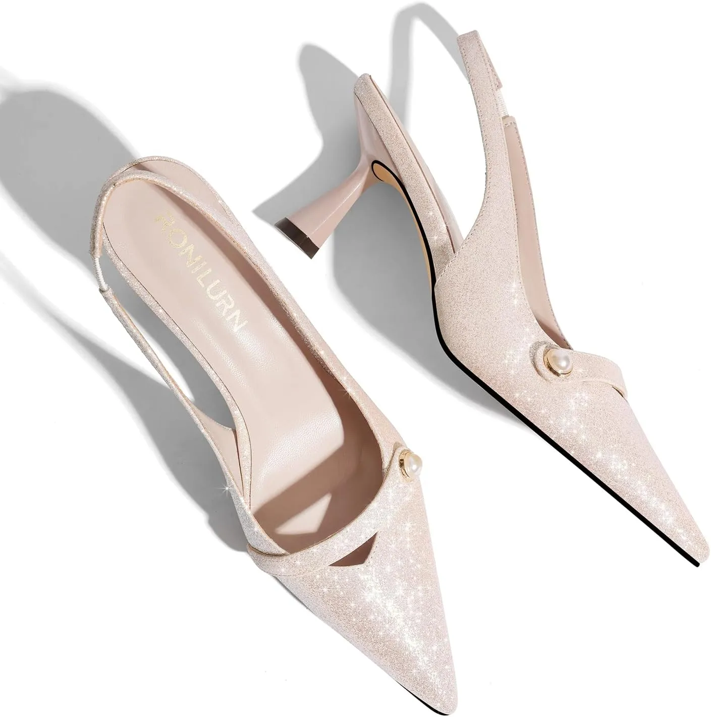 Women Kitten Heels Slingback Low Heel Pumps Dress Shoes for Women Closed Pointed Toe Pearl Heels for Work Wedding Bridal