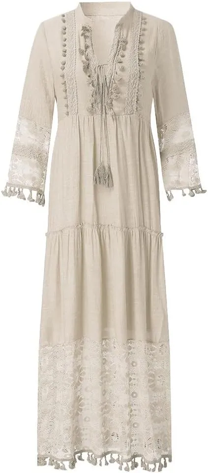Women Lace Patchwork Maxi Dress Long Sleeve Sexy V Neck Boho Dress Spring Summer Casual Flowy Tiered Bohemian Dress