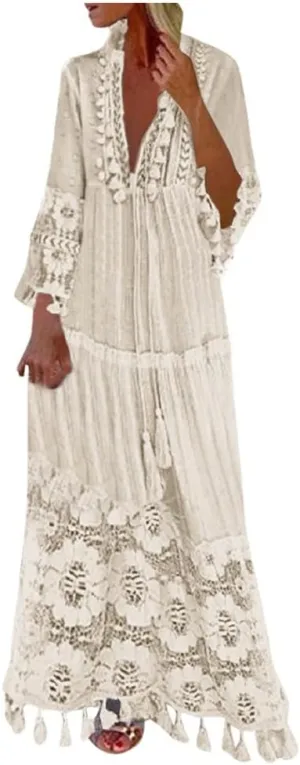 Women Lace Patchwork Maxi Dress Long Sleeve Sexy V Neck Boho Dress Spring Summer Casual Flowy Tiered Bohemian Dress