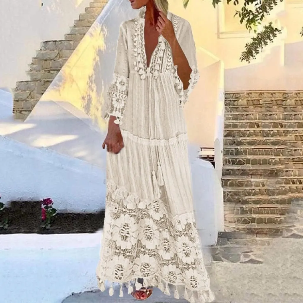 Women Lace Patchwork Maxi Dress Long Sleeve Sexy V Neck Boho Dress Spring Summer Casual Flowy Tiered Bohemian Dress