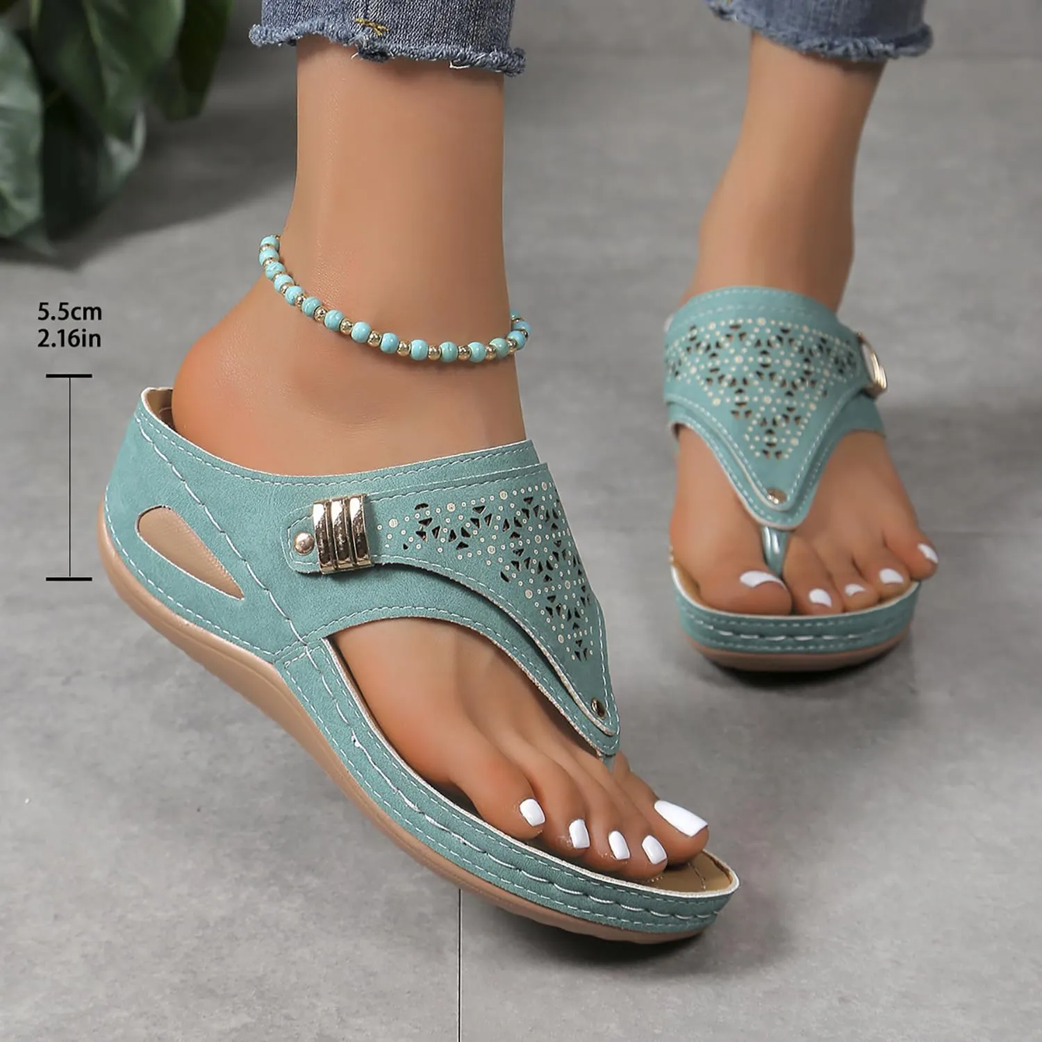 Women Platform Wedges Thick-Soled Slipper,Breathable Mesh Hollow Sports Sandals,with Arch Support Wedge Orthopedic Slippers,Indoor/Outdoor House Shoes for Women