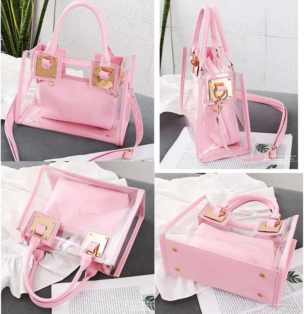 Women Small Jelly Purse and Handbag 2pcs Transparent Top Handle Shoulder Bags Satchel