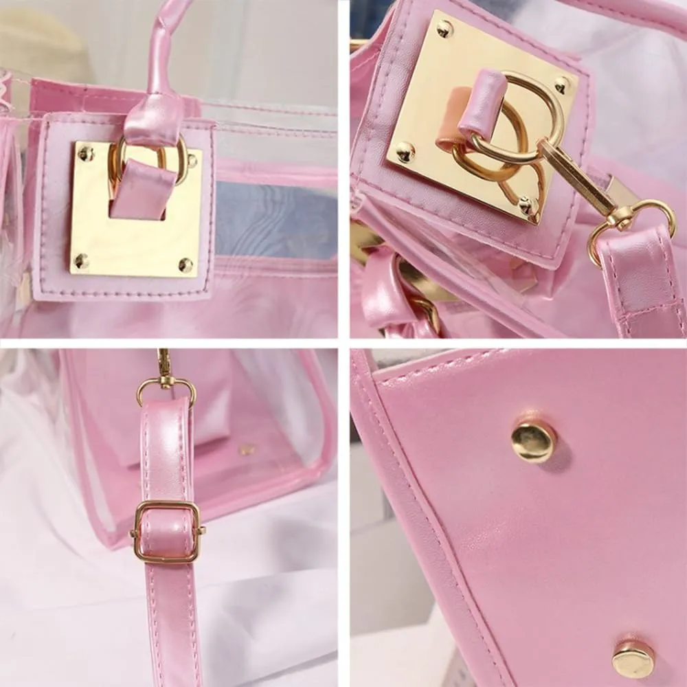 Women Small Jelly Purse and Handbag 2pcs Transparent Top Handle Shoulder Bags Satchel