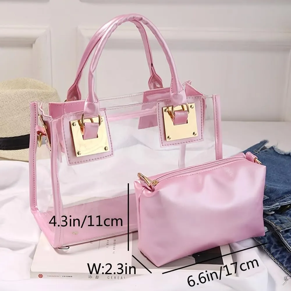 Women Small Jelly Purse and Handbag 2pcs Transparent Top Handle Shoulder Bags Satchel