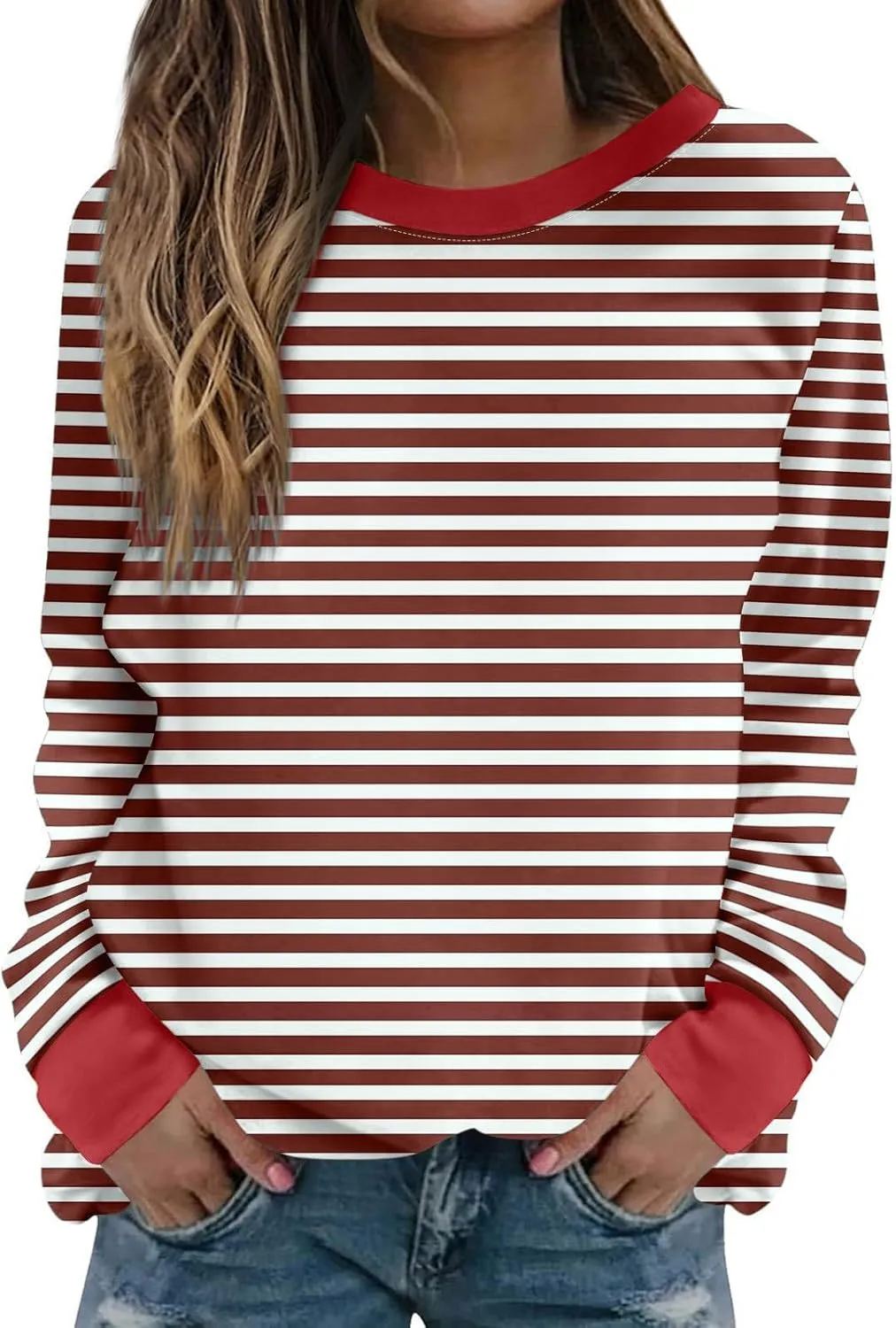 Women Striped Crewneck Sweatshirts Trendy 2024 Pullover Tops Long Sleeve Preppy Shirts Fall Fashion Clothing