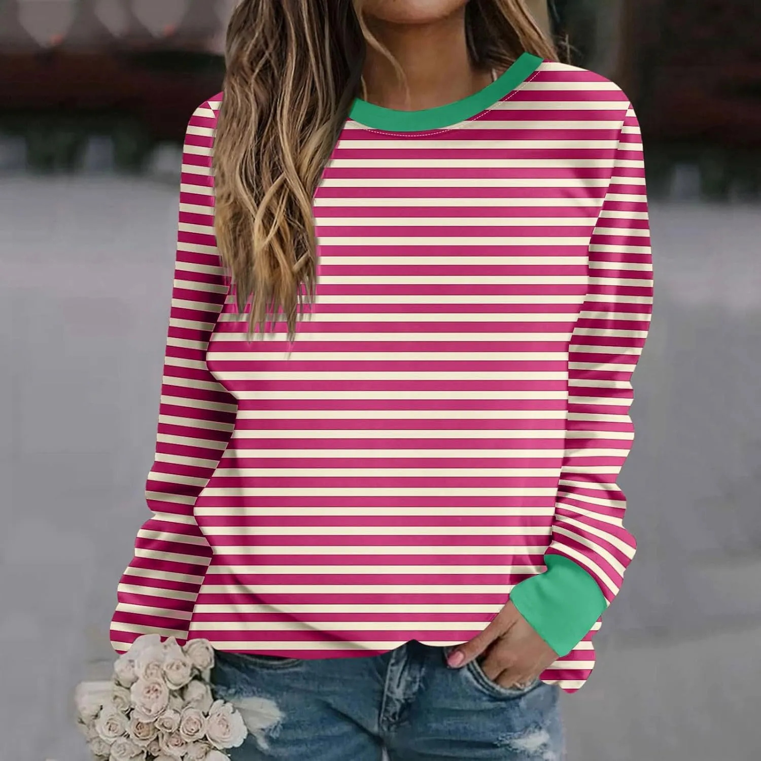 Women Striped Crewneck Sweatshirts Trendy 2024 Pullover Tops Long Sleeve Preppy Shirts Fall Fashion Clothing