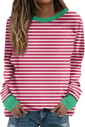 Women Striped Crewneck Sweatshirts Trendy 2024 Pullover Tops Long Sleeve Preppy Shirts Fall Fashion Clothing