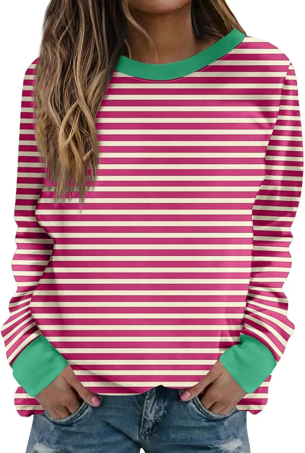 Women Striped Crewneck Sweatshirts Trendy 2024 Pullover Tops Long Sleeve Preppy Shirts Fall Fashion Clothing