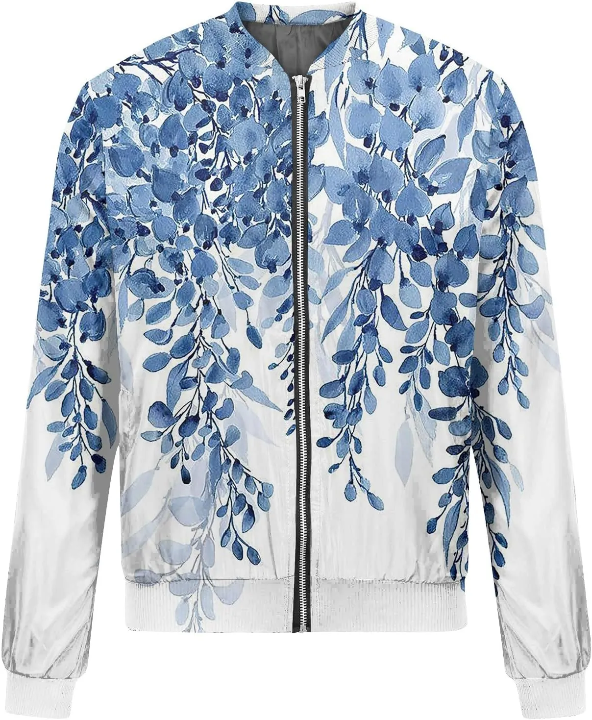 Women'S Bomber Jackets Lightweight Floral Printing Zip Up Long Sleeve Jacket With Pocket Fall Stand Collar Coat