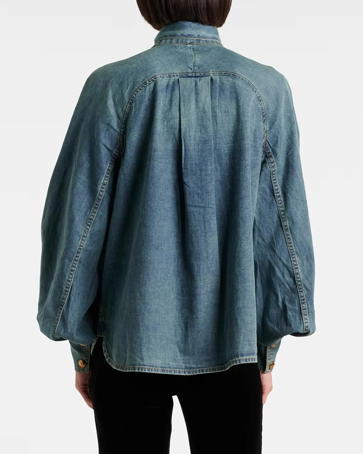 Women's Bow Denim Shirt Button Down High Neck Puff Sleeve Demin Jacket