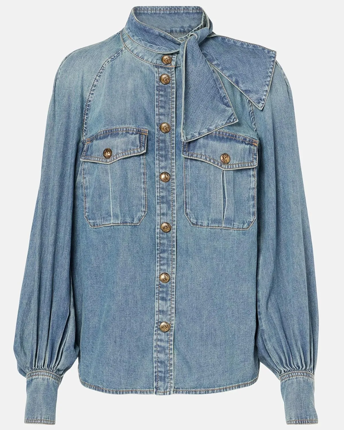 Women's Bow Denim Shirt Button Down High Neck Puff Sleeve Demin Jacket