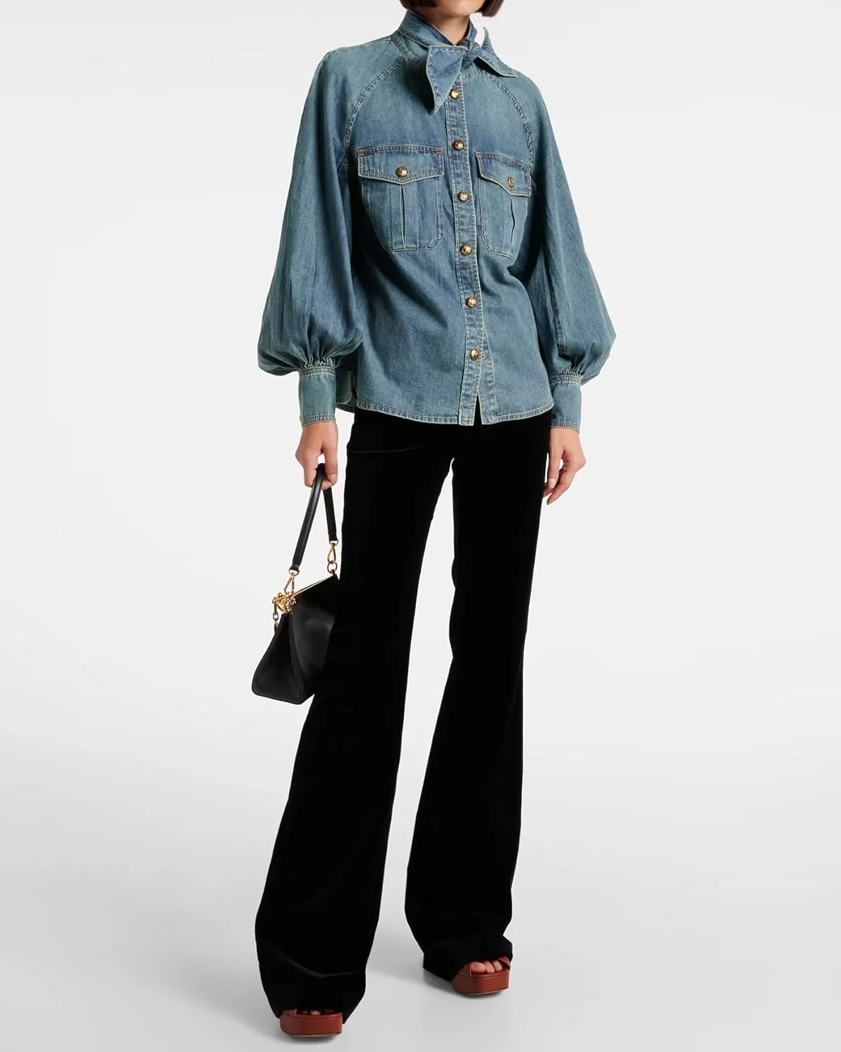 Women's Bow Denim Shirt Button Down High Neck Puff Sleeve Demin Jacket