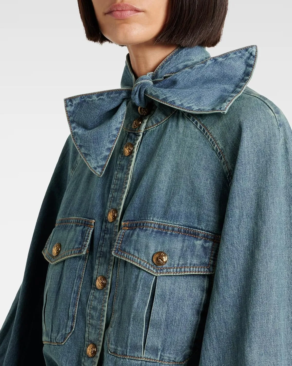 Women's Bow Denim Shirt Button Down High Neck Puff Sleeve Demin Jacket