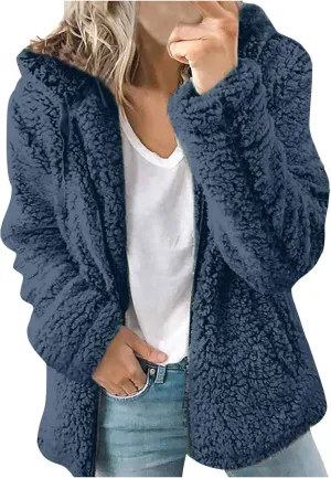 Womens Casual Plush Warm Winter Jacket Fuzzy Fleece Hooded Trench Fashion Hoodie Long Sleeve Zip Up Open Front Cardigan