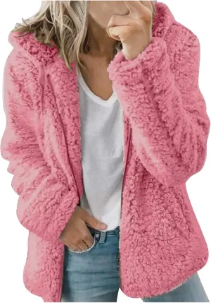 Womens Casual Plush Warm Winter Jacket Fuzzy Fleece Hooded Trench Fashion Hoodie Long Sleeve Zip Up Open Front Cardigan