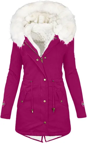 Womens Coats Plus Size Overcoats with Fur Hood Fleece Chunky Jackets Zipper Button Outerwear Winter Warm Jackets