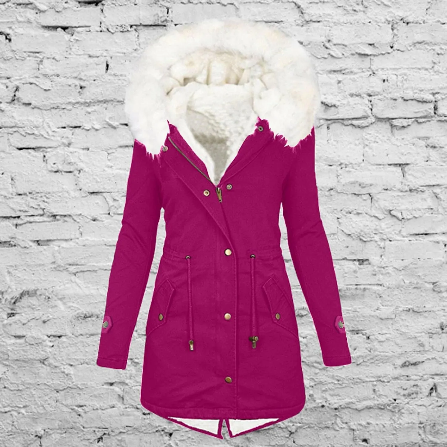 Womens Coats Plus Size Overcoats with Fur Hood Fleece Chunky Jackets Zipper Button Outerwear Winter Warm Jackets
