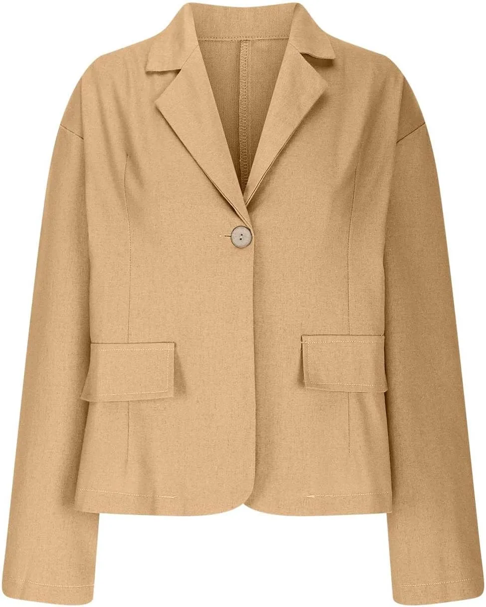 Women's Cotton Linen Blazer Long Sleeve Jacket Summer Lightweight Lapel Button Suit Ladies Business Casual Clothes