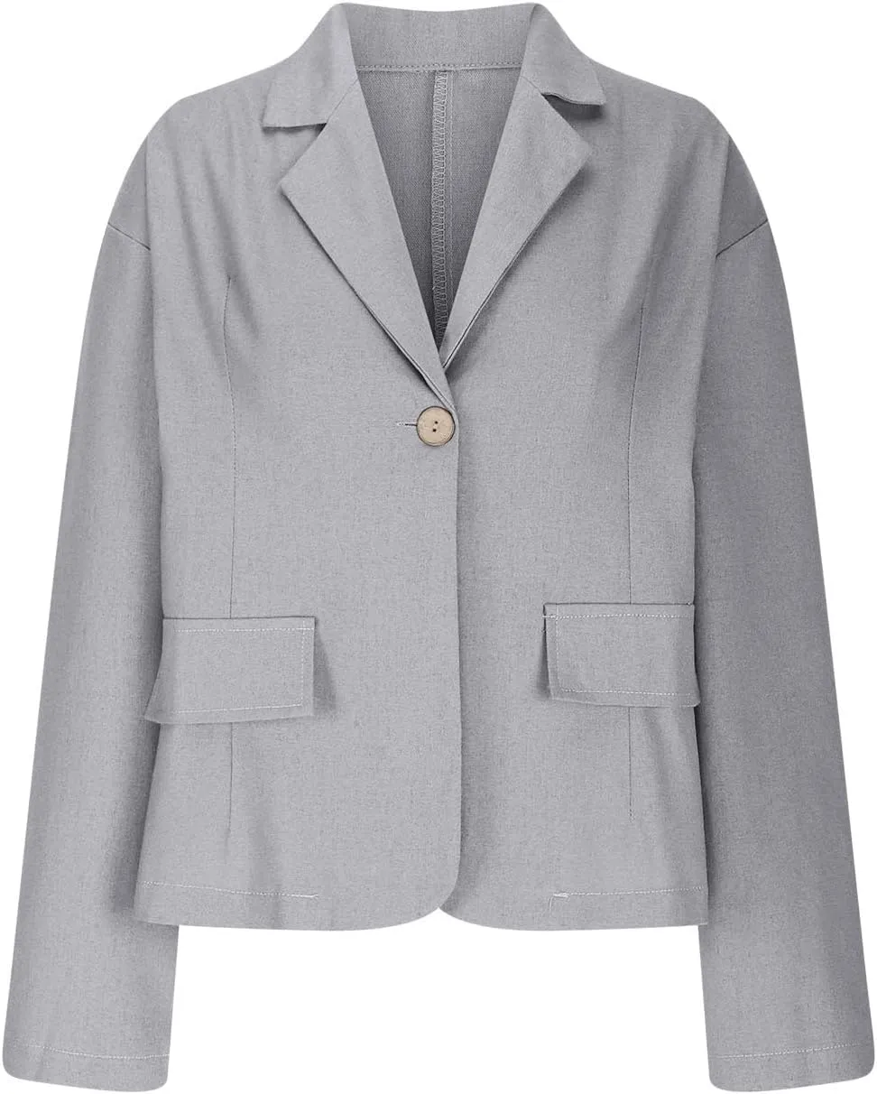 Women's Cotton Linen Blazer Long Sleeve Jacket Summer Lightweight Lapel Button Suit Ladies Business Casual Clothes
