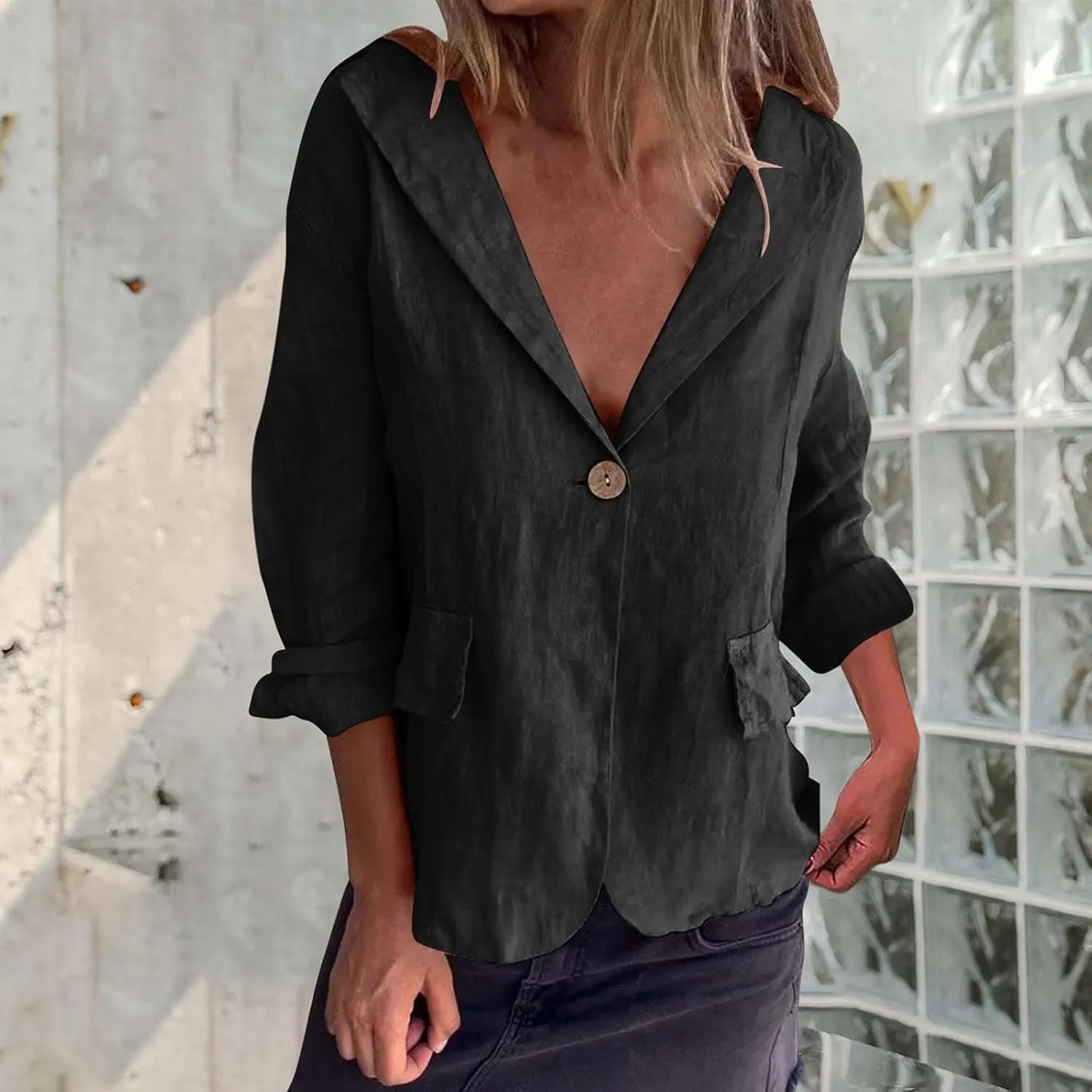 Women's Cotton Linen Blazer Long Sleeve Jacket Summer Lightweight Lapel Button Suit Ladies Business Casual Clothes