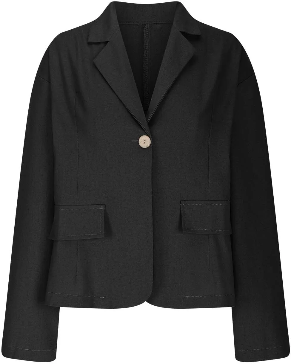 Women's Cotton Linen Blazer Long Sleeve Jacket Summer Lightweight Lapel Button Suit Ladies Business Casual Clothes
