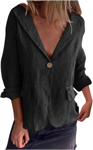 Women's Cotton Linen Blazer Long Sleeve Jacket Summer Lightweight Lapel Button Suit Ladies Business Casual Clothes