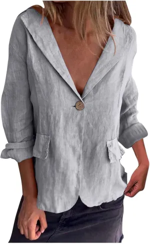 Women's Cotton Linen Blazer Long Sleeve Jacket Summer Lightweight Lapel Button Suit Ladies Business Casual Clothes
