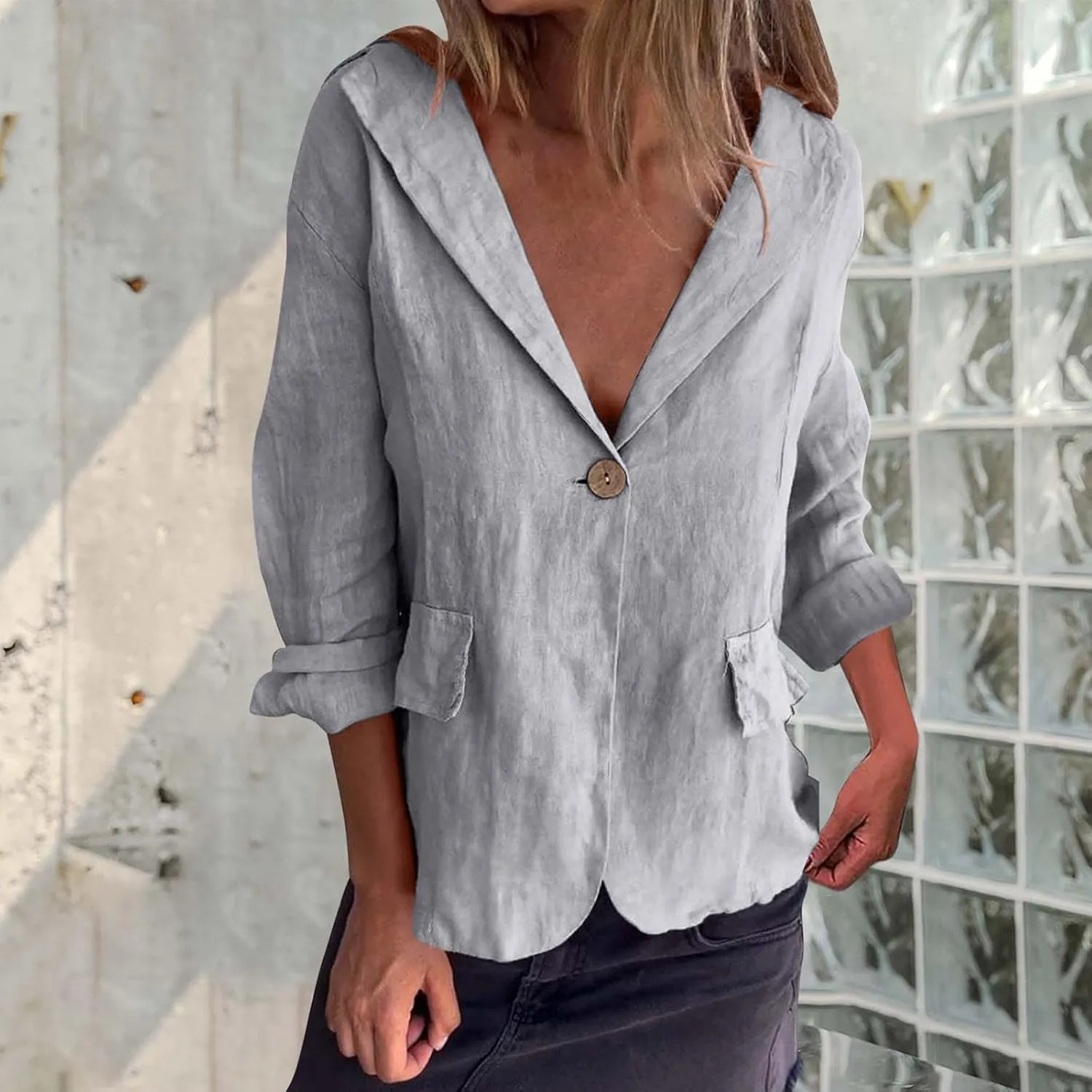 Women's Cotton Linen Blazer Long Sleeve Jacket Summer Lightweight Lapel Button Suit Ladies Business Casual Clothes