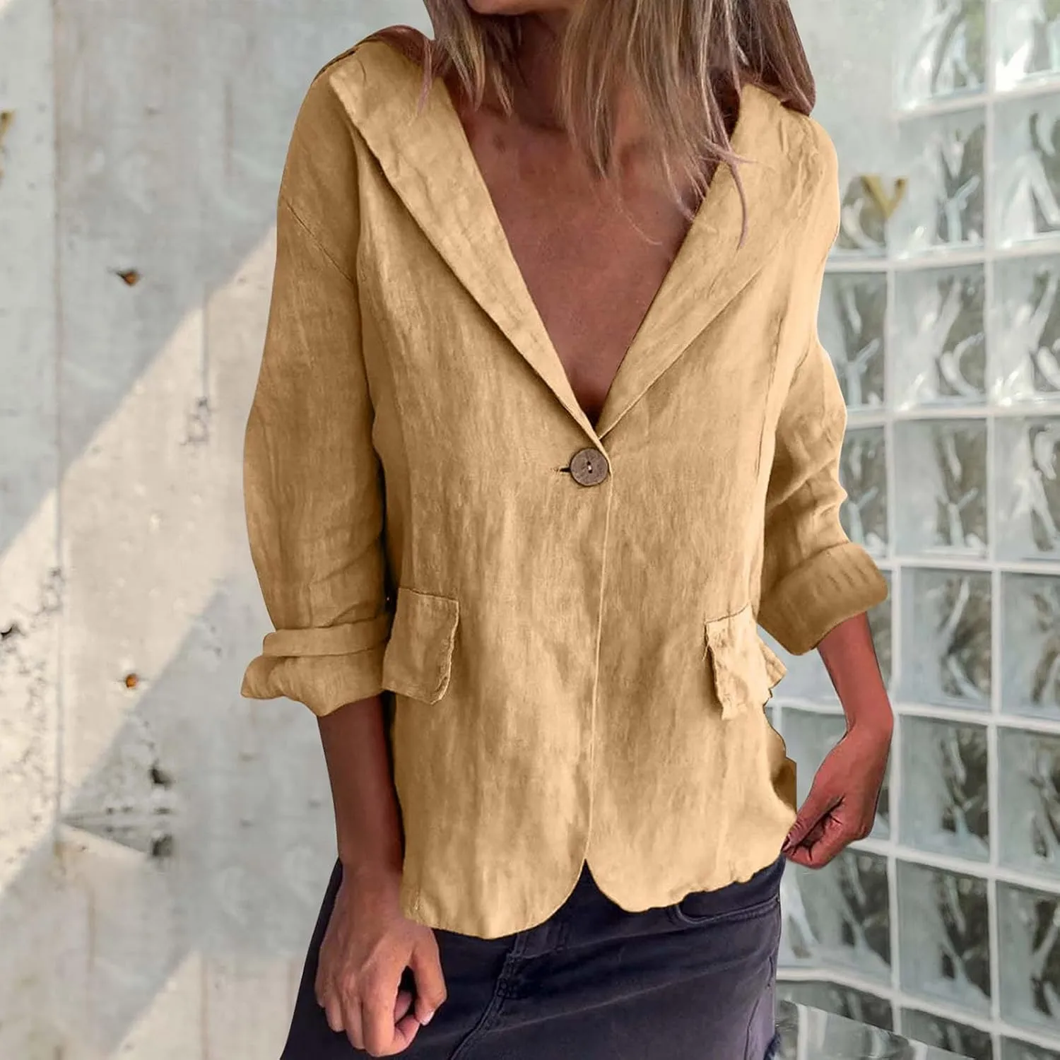 Women's Cotton Linen Blazer Long Sleeve Jacket Summer Lightweight Lapel Button Suit Ladies Business Casual Clothes