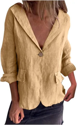Women's Cotton Linen Blazer Long Sleeve Jacket Summer Lightweight Lapel Button Suit Ladies Business Casual Clothes