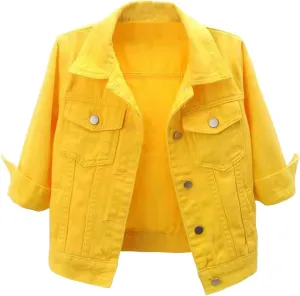 Womens Cropped Denim Jacket 3/4 Sleeve Short Jean Jacket Button Down Retro Lightweight Trucker Coat