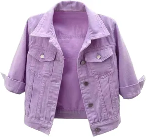 Womens Cropped Denim Jacket 3/4 Sleeve Short Jean Jacket for Women Trendy Button Down Lightweight Denim Jackets