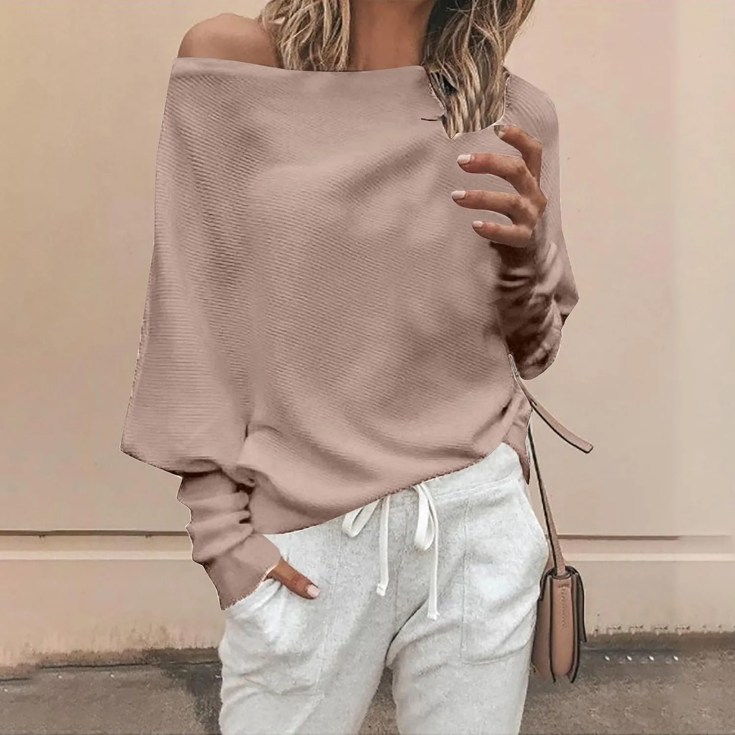 Women's Fall Sweaters 2024 Casual Long Batwing Sleeve Loose Off Shoulder Knit Pullovers Jumper Tops