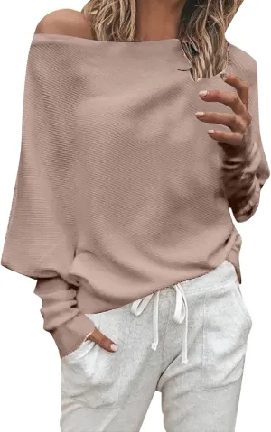 Women's Fall Sweaters 2024 Casual Long Batwing Sleeve Loose Off Shoulder Knit Pullovers Jumper Tops