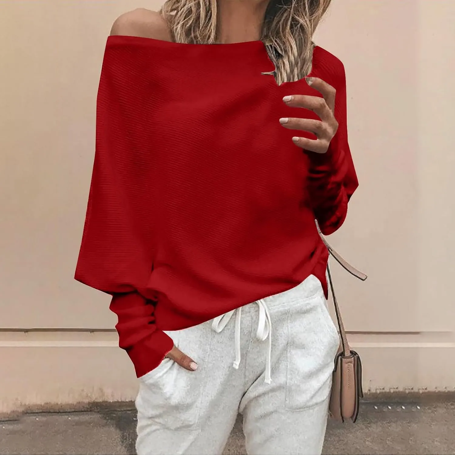Women's Fall Sweaters 2024 Casual Long Batwing Sleeve Loose Off Shoulder Knit Pullovers Jumper Tops