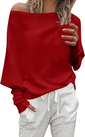 Women's Fall Sweaters 2024 Casual Long Batwing Sleeve Loose Off Shoulder Knit Pullovers Jumper Tops