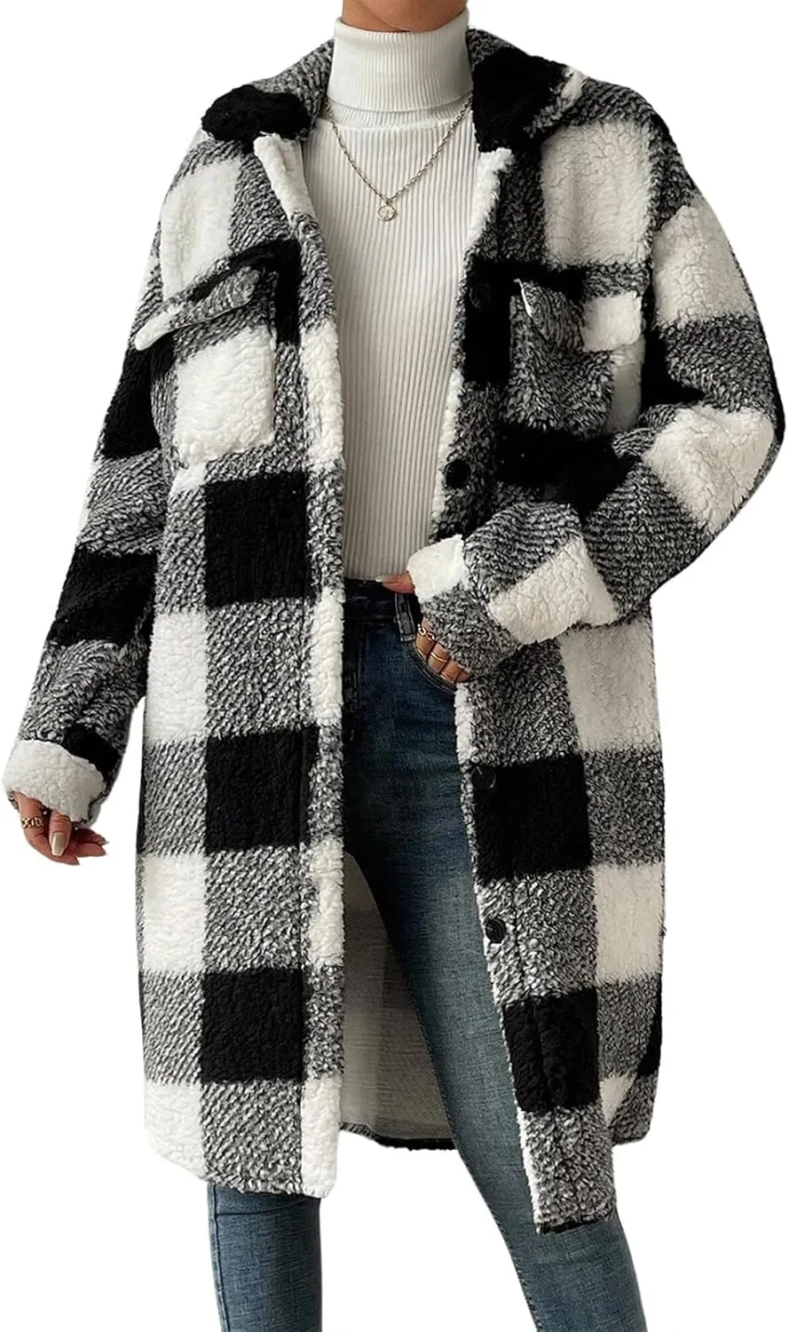 Womens Fuzzy Sherpa Long Jacket Plaid Shackets Jackets Button Down Lapel Trench Coat Warm Gingham Teddy Coat