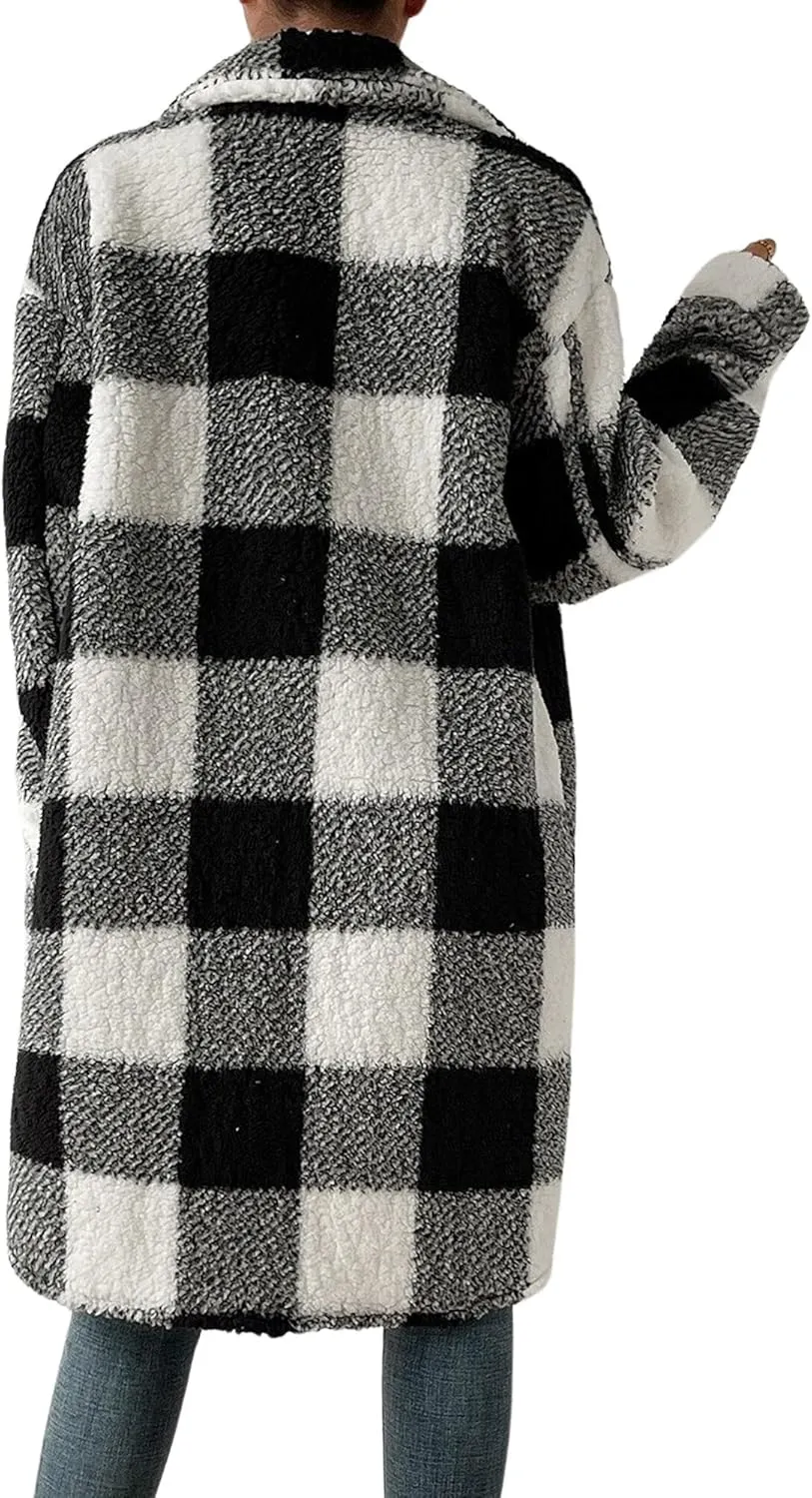 Womens Fuzzy Sherpa Long Jacket Plaid Shackets Jackets Button Down Lapel Trench Coat Warm Gingham Teddy Coat