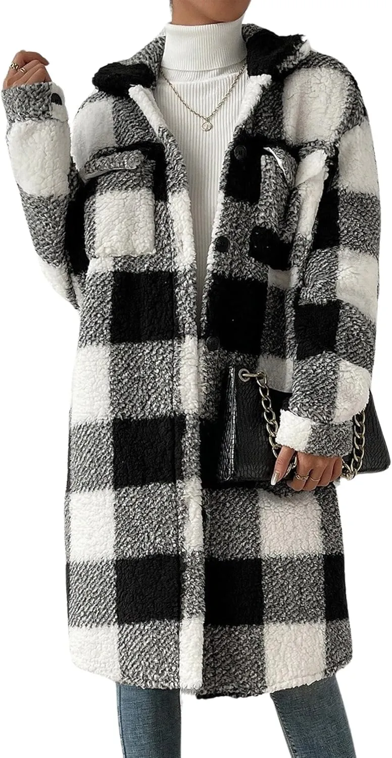 Womens Fuzzy Sherpa Long Jacket Plaid Shackets Jackets Button Down Lapel Trench Coat Warm Gingham Teddy Coat