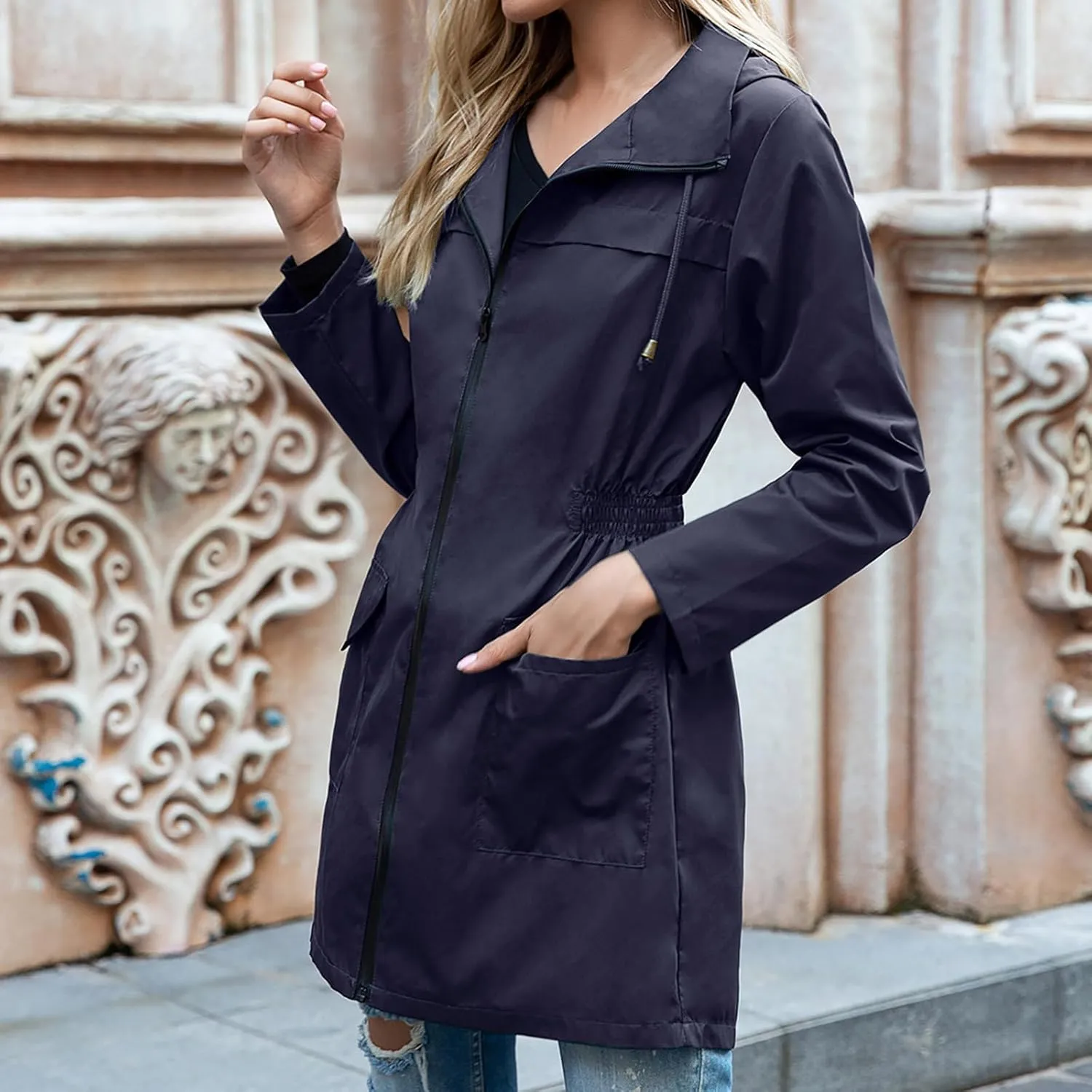 Women's Hooded Lightweight Raincoat Windbreaker Rainproof Outdoor Jackets Waist Up Coats Stormtrooper