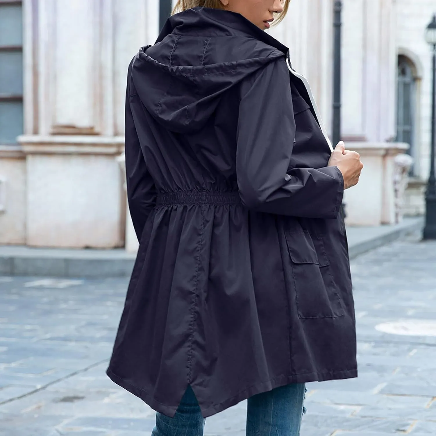 Women's Hooded Lightweight Raincoat Windbreaker Rainproof Outdoor Jackets Waist Up Coats Stormtrooper