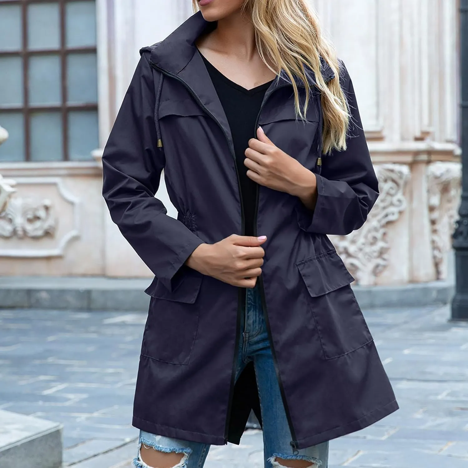 Women's Hooded Lightweight Raincoat Windbreaker Rainproof Outdoor Jackets Waist Up Coats Stormtrooper
