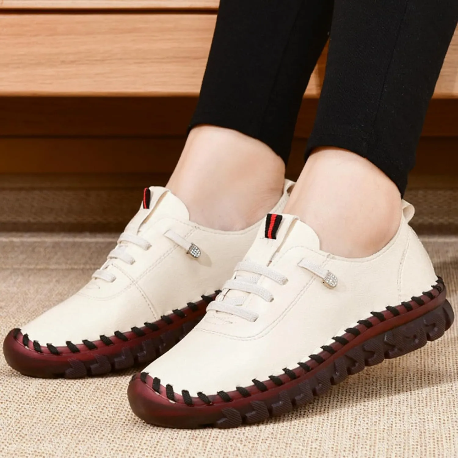 Women's Leather Soft Bottom Flat Shoes Handmade Women Loafers Casual Slip On Orthopedic Sneakers Walking Flats Beef Tendon Leisure Set of Feet Breathable Round Head Non-Slip Mom Loafers