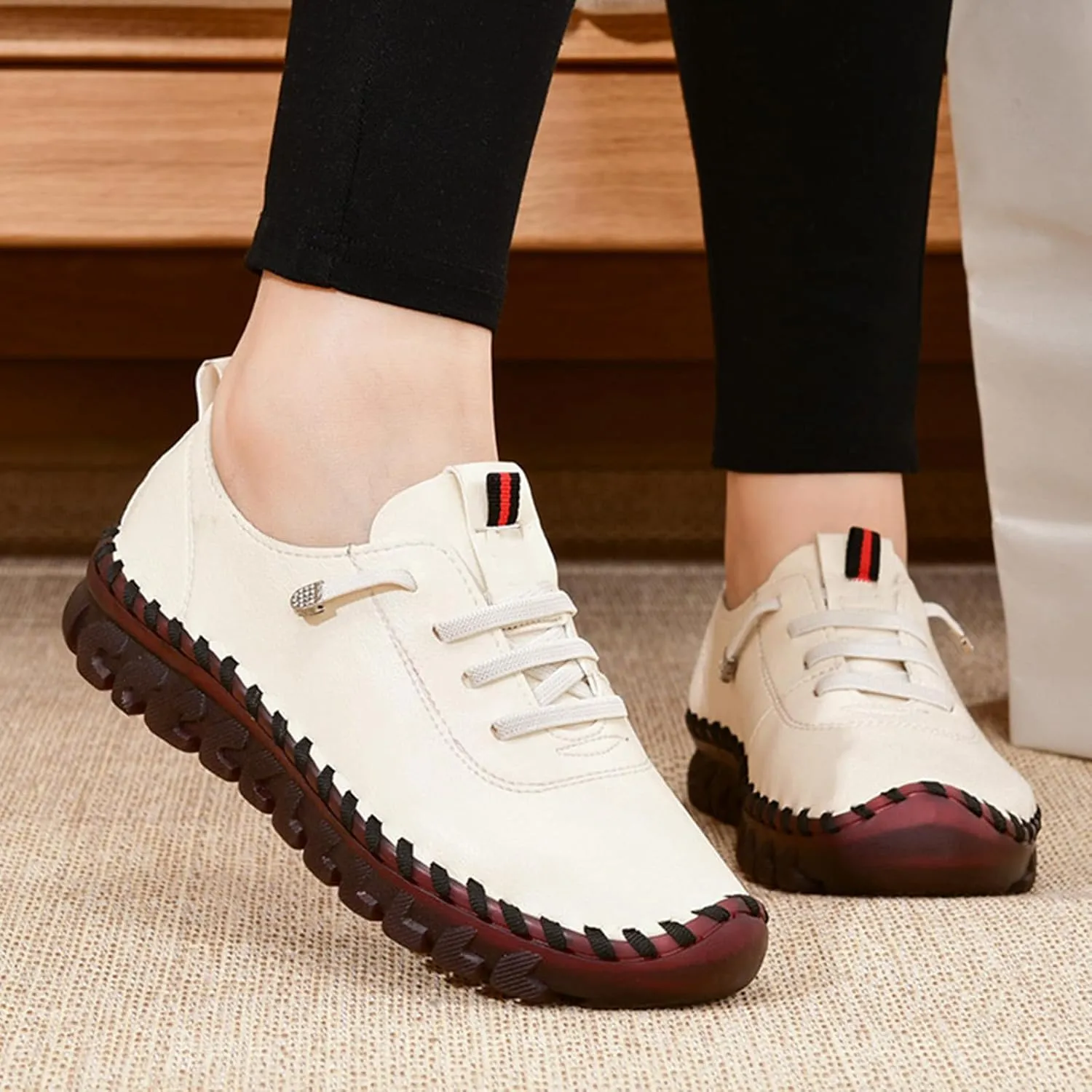 Women's Leather Soft Bottom Flat Shoes Handmade Women Loafers Casual Slip On Orthopedic Sneakers Walking Flats Beef Tendon Leisure Set of Feet Breathable Round Head Non-Slip Mom Loafers