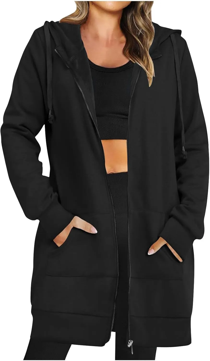 Womens Long Fleece Zip Up Jacket 2024 Fall Casual,Oversized Hoodie Sleeve Sweatshirt with Pockets Winter Coats