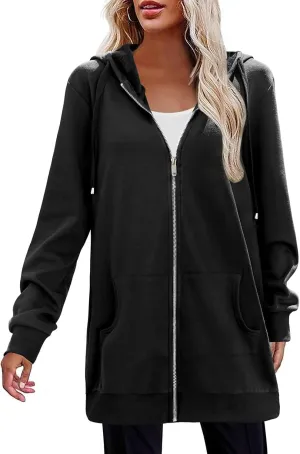 Womens Long Fleece Zip Up Jacket 2024 Fall Casual,Oversized Hoodie Sleeve Sweatshirt with Pockets Winter Coats