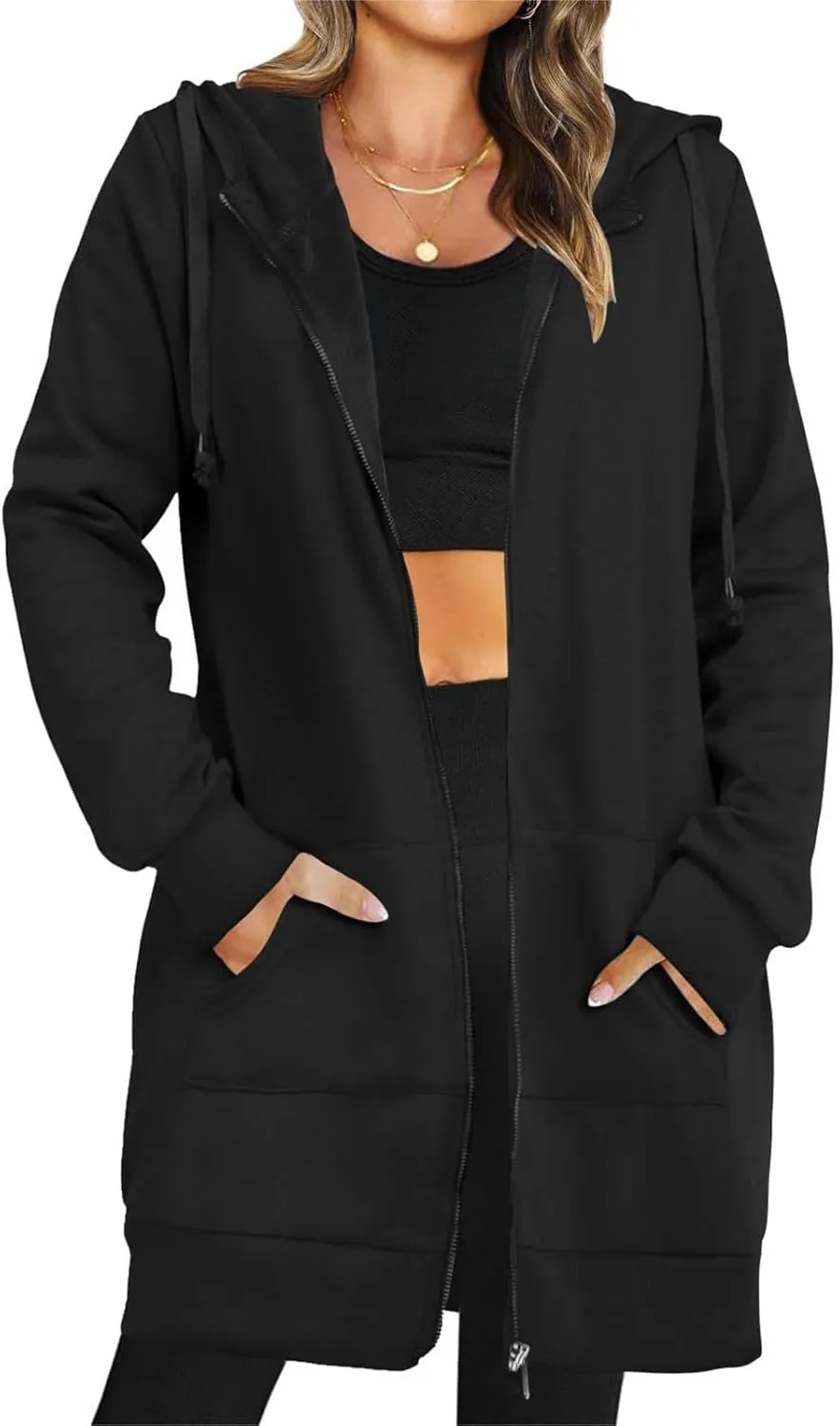 Womens Long Fleece Zip Up Jacket 2024 Fall Casual,Oversized Hoodie Sleeve Sweatshirt with Pockets Winter Coats